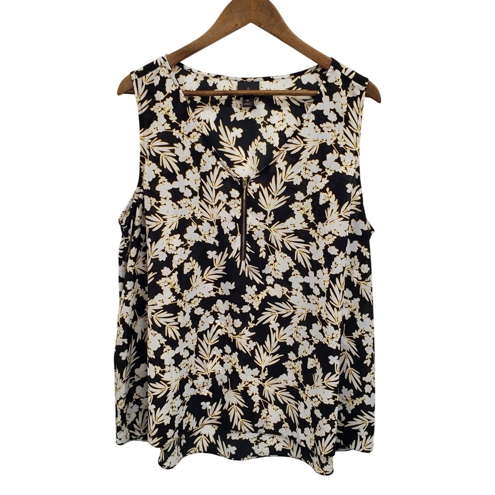 Worthington Black Yellow Floral Sleeveless Zip Front Blouse Womens XL V-Neck Top